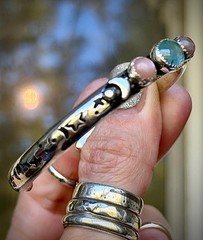 Star Native Paraiba Kyanite And Peach Moonstones Silver Cuff Handmade OOAK