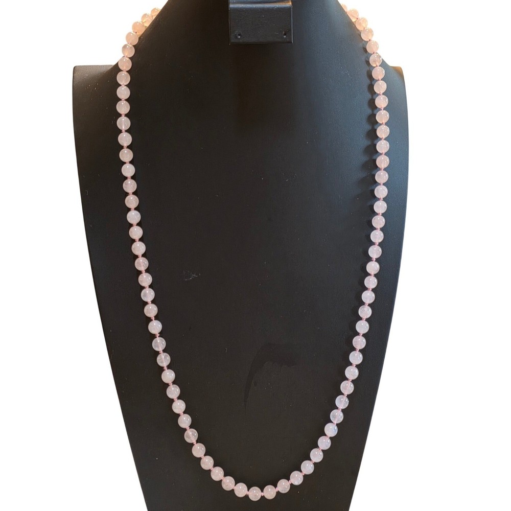 Vintage Hand Knotted Rose Quartz Beaded Necklace 32″ Pink Boho