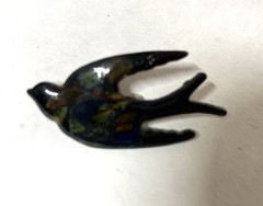 DOVE Pin Brooch- Enamel on Copper Signed INGA-BLACK/YELLOW/ORANGE Enamel