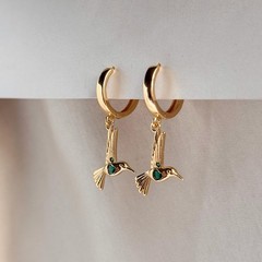 Hummingbird Charm Dangling Huggie Hoop Earrings in Gold, Gift for Her