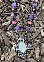 Victorian Pendant Necklace w/Sea Sediment Jasper, Amethyst & Hematite Beadwork