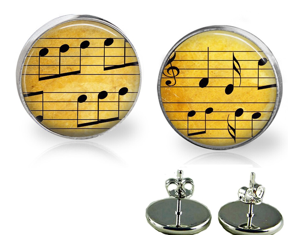 Retro Sheet Music Musical Notes Glass Top Stud Earrings In 3 Sizes Handcrafted