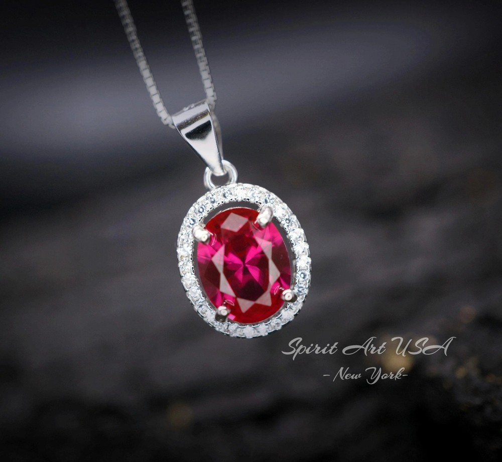 Gemstone Halo Ruby Necklace 2 CT Oval Solitaire Red Ruby Pendant Sterling