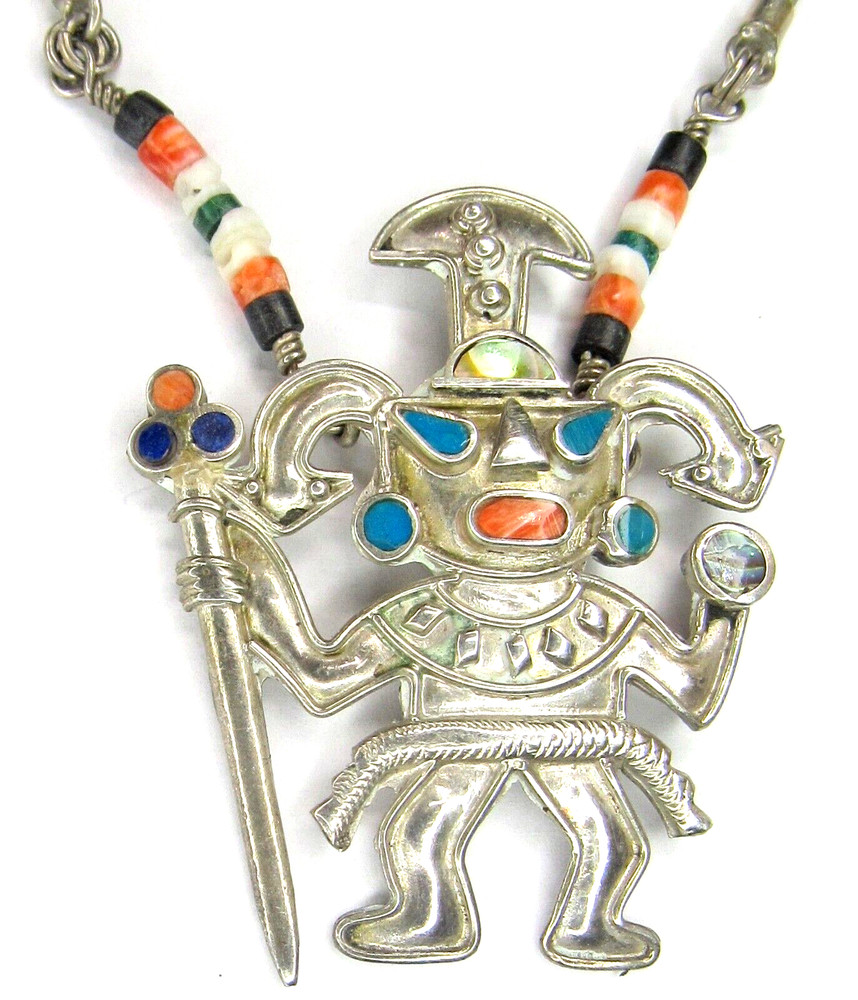 Peru 950 Sterling Silver Multi Stone Inlay Warrior King Pendant Heishi Necklace