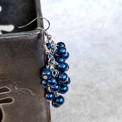 Handcrafted Blue Glass Pearl Beads Grape Cluster Cascade Earrings