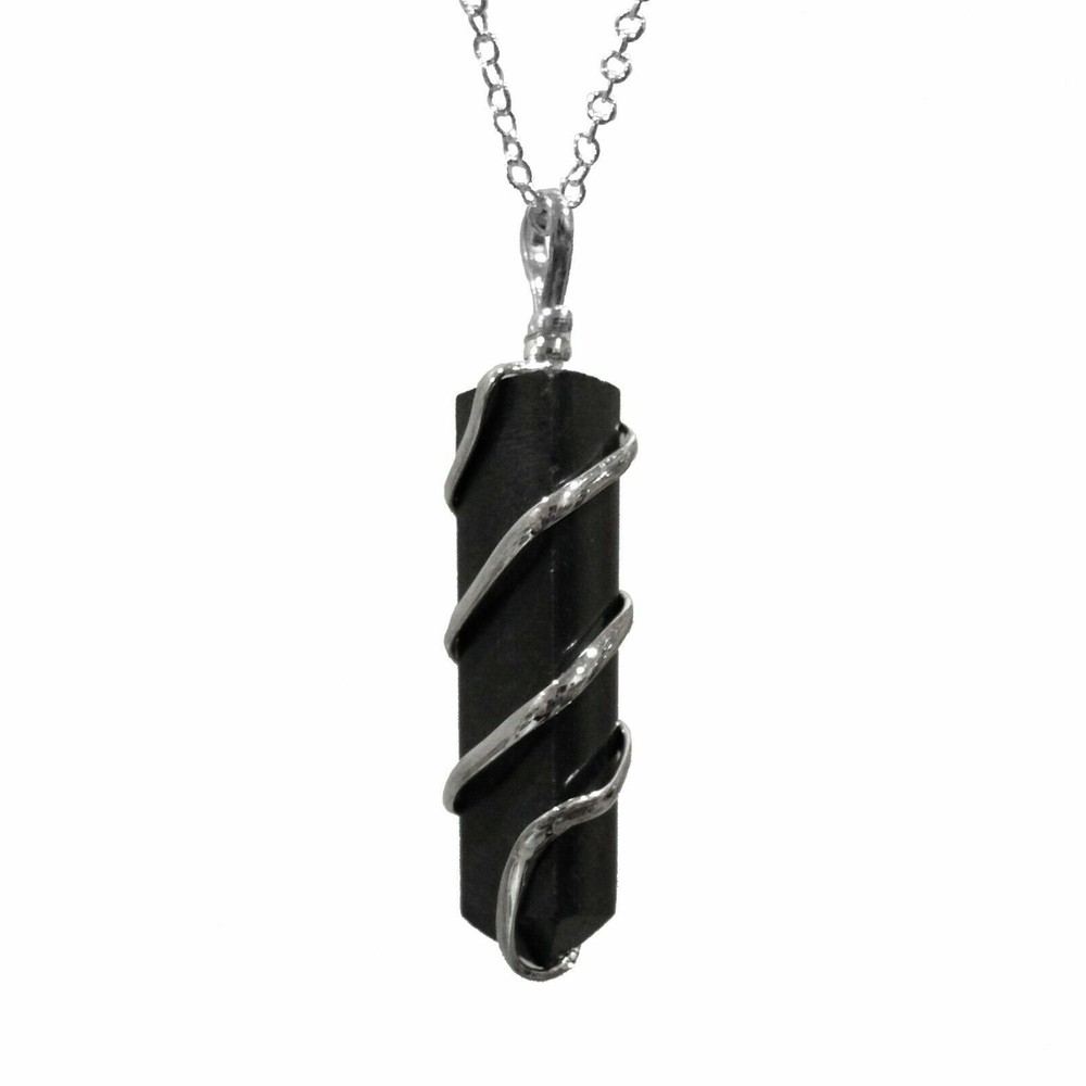 Black Tourmaline Spiral Wire Wrap Pendant Point Chakra Crystal Silver Necklace
