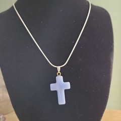 Blue Jade Cross Pendant Silver Necklace