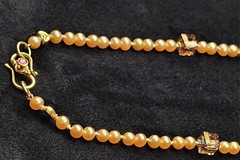 18k Gold S-Hook Clasp Necklace Preach Pearl Pink Gem Granulated Handcrafted 16″