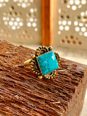 Turquoise Brass Ring, Unique Statement Gemstone Ring, Boho Artisian Jewelry Gift