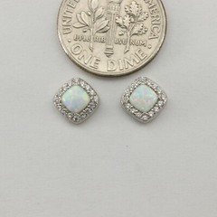 White Square FIRE OPAL Post / Stud Earrings with CZs – 925 STERLING SILVER #641e