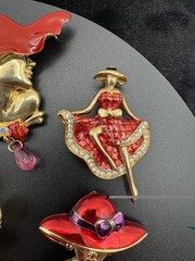 Vintage Fashion Lady & Red Hat Figurine Brooch Lot of 10 Enamel Rhinestone