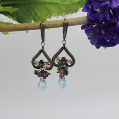Dangle Heart with Cluster Gemstones Sterling Silver Earrings.