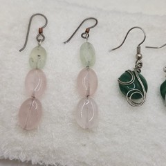 Artisan Boho Gemstone Earrings Rose Quartz Malachite Green Cats Eye Lot 3 Pairs