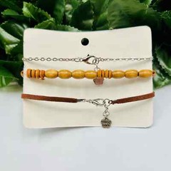 Handmade Lotus Flower & Hamsa Bracelet Stack 3 Piece Brown Silver Spiritual Boho