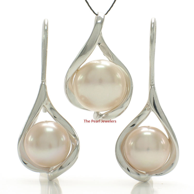 925 Sterling Silver Pink Cultured Pearls Water Drop Earring & Pendant Set TPJ