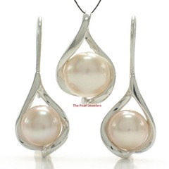925 Sterling Silver Pink Cultured Pearls Water Drop Earring & Pendant Set TPJ