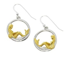 Layered Sterling Over Pewter Large Mermaid in Circle Two Tone Drop Earrings