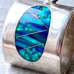 Vintage signed Navajo Sterling Silver Multi-Gem Mosaic Inlay Modernist Pendant