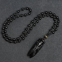 Natural Handmade Carved Black Stone Cicada Necklace Pendant for Women’s Gift