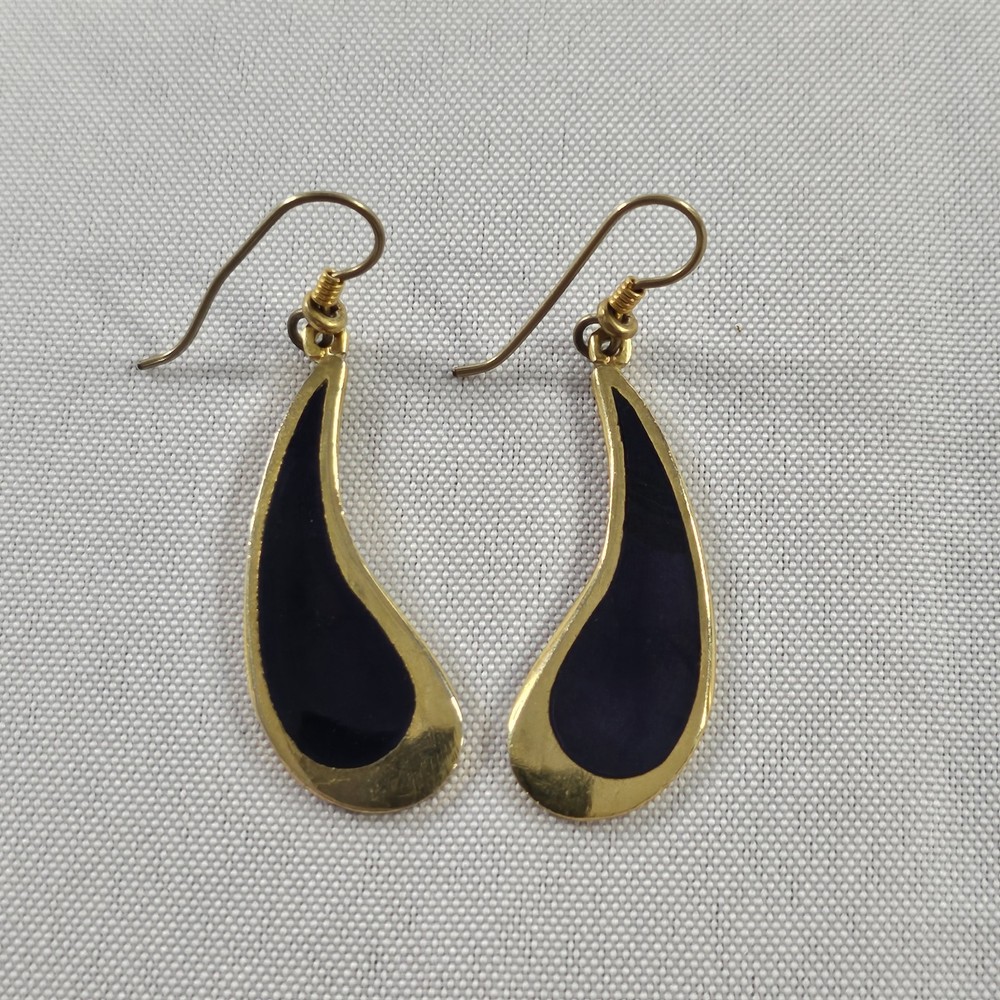 Vintage 1980s Laurel Burch Purple w/ Gold Tone Teardrop Earrings Ear Wires READ⬇