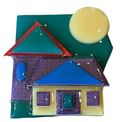 2 Vintage House Pins by Lucinda Brooch Resin 2″×2” Moon Primary Colors 1980s 3-D