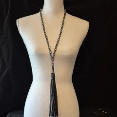 Handmade Artisan‑Style Chain Necklace w/ Leather Tassel Pendant