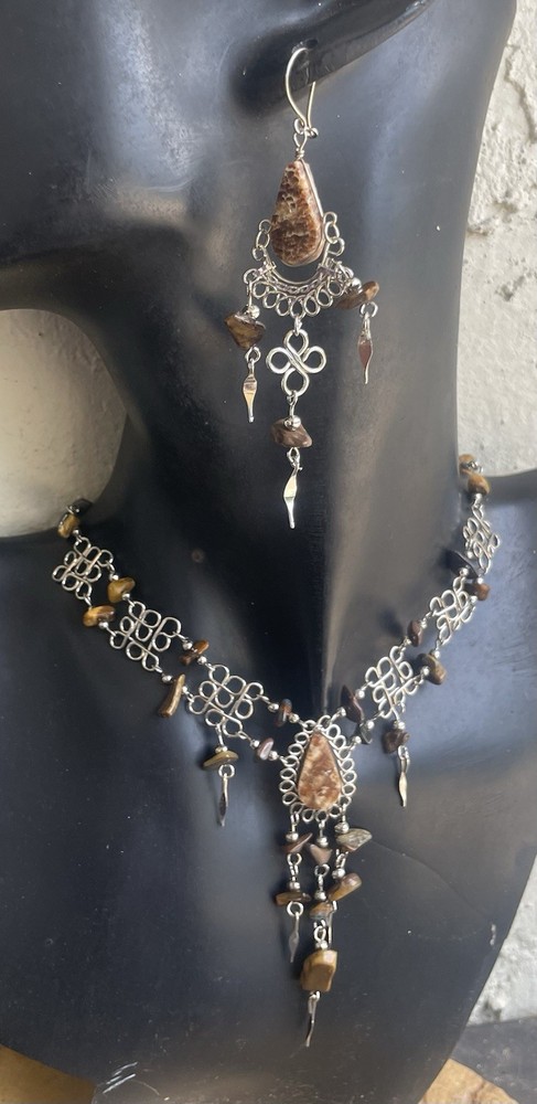 Peruvian Brown Aragonite Semi-Precious Stone Necklace Long Earrings Set Boho