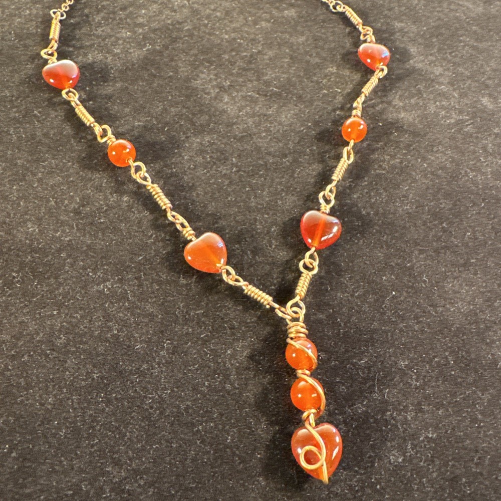 Handmade Copper Wire Wrapped Necklace, Carnelian Natural Stone Beads