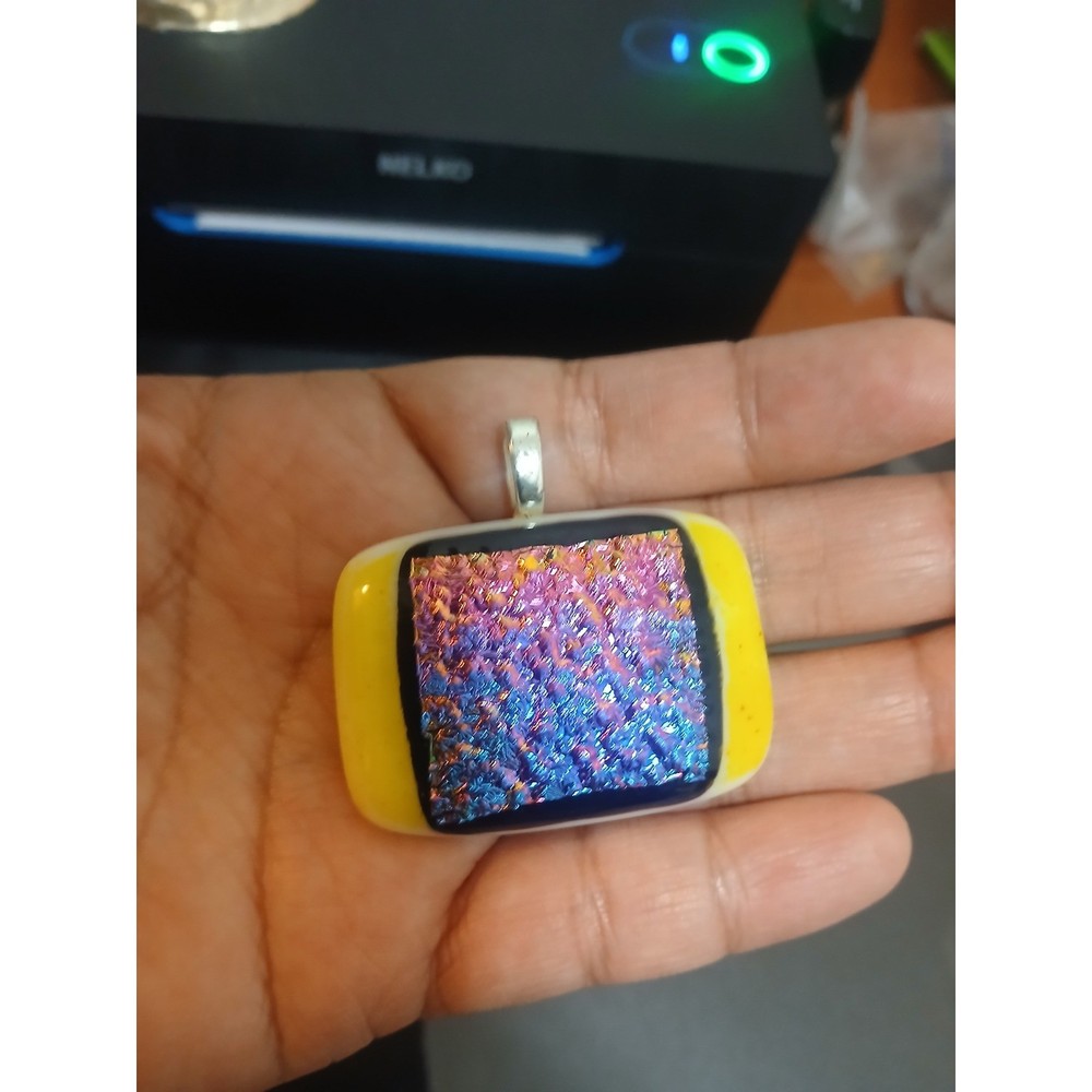 Dichroic Fused Glass Pendant Yellow White Pink Blue Art Glass Heart Bail