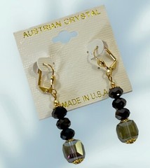 Austrian Crystal Aurora Borealis Earrings Gold Toned Dangle Black Grey Leverback