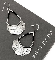 SILPADA Sterling Silver Textured BADGE OF BEAUTY Black Leather Earrings~#W3140