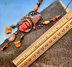 Deco Egyptian Revival Necklace Set, Neiger Style Glass Pharaoh, Orange, Bronze