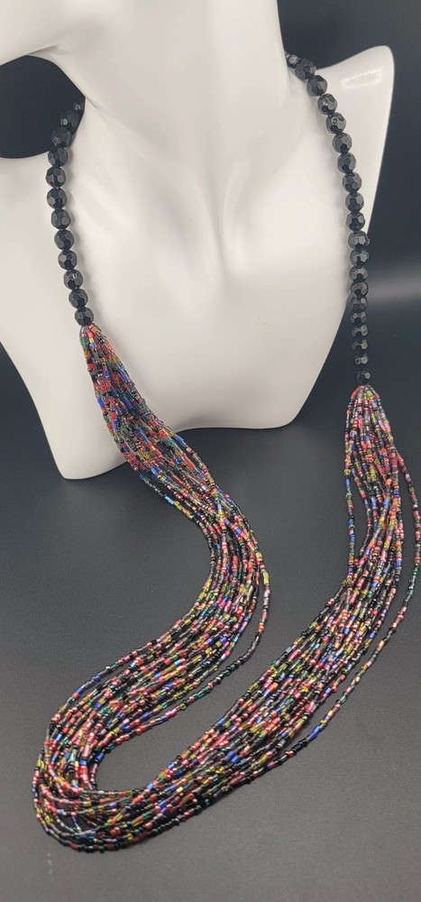 Beautiful Artisian Multi Stand Multi Color Glass Hand Beaded Necklace 34″