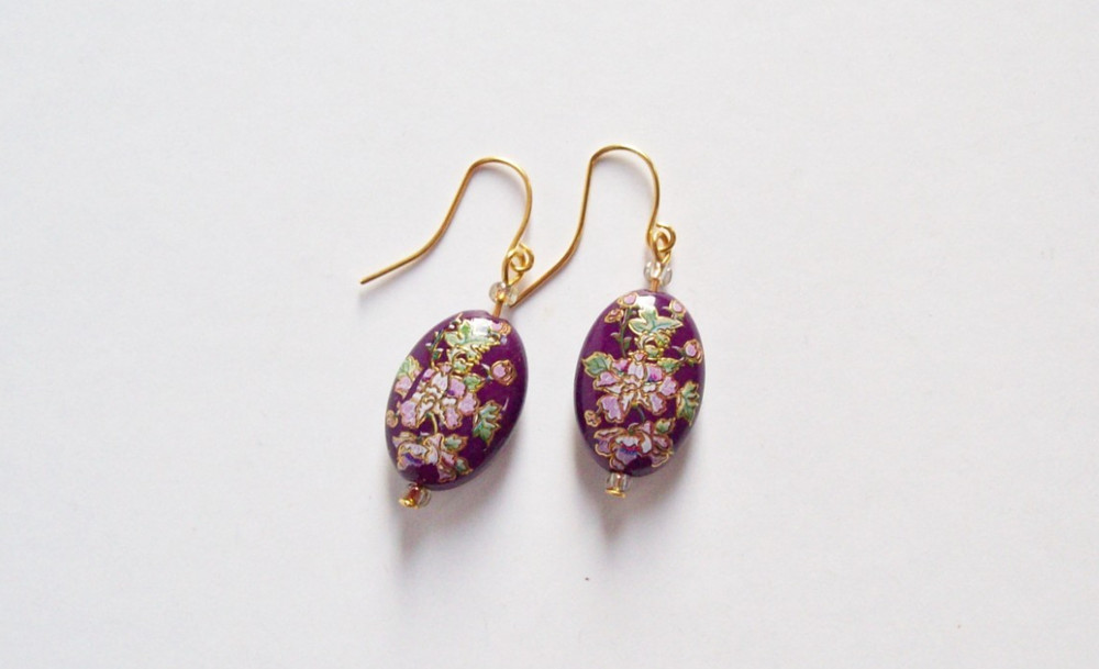 Earrings with Japanese Tensha Vintage Beads on New Gold tone Ear Wires – Purple
