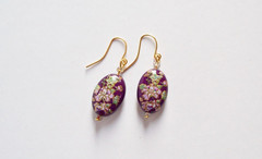 Earrings with Japanese Tensha Vintage Beads on New Gold tone Ear Wires – Purple