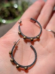 Designer BORA 14K Gold Green Onyx Oxidized 925 Sterling Silver Hoop Earrings