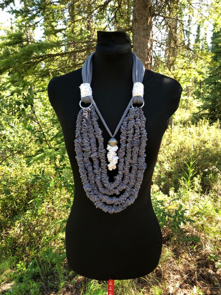 Dark Gray And White Recycled Multi Strand Necklace Silver Tone Rings Bead Ruched