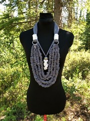 Dark Gray And White Recycled Multi Strand Necklace Silver Tone Rings Bead Ruched