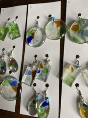 3 Pairs Resin Multicolor Beach Glass Silver Plated Dangle Lobe Earrings w Beads