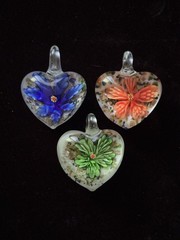 Lot Of 3 Vintage Artisan Handcrafted Lampwork Glass Heart Pendants With Flowers