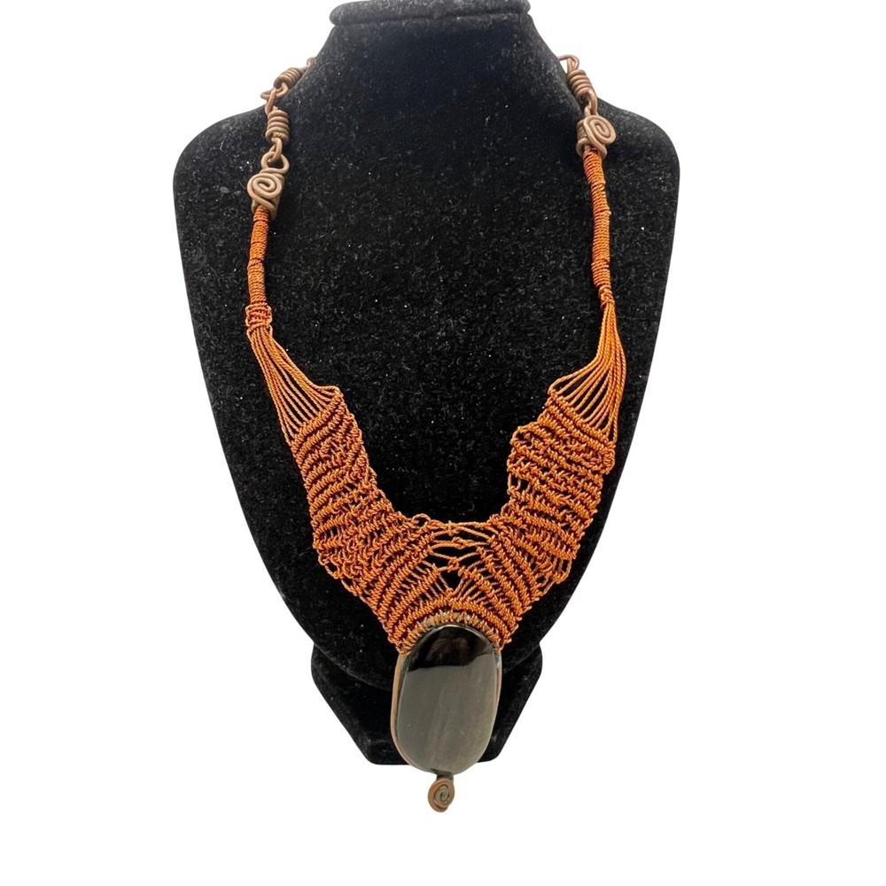 Handmade Copper Wire Wrapped Silver Sheen Obsidian Necklace Boho Statement