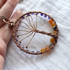 Handmade Tree of Life Necklace Copper Beaded Amethyst Orange Jade