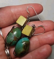 Cube Yellow Jasper and Oval Turquoise Earrings Silver Wire, Handmade