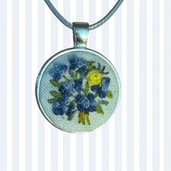 Handmade Floral Bouquet Embroidery Pendant Blue & Yellow Hand-stitched Necklace