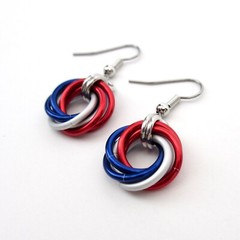 Red, white and blue chainmail love knot earrings, American patriotic jewelry