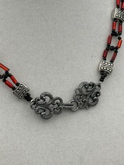 Stretchy, Dainty Black Spinel and Red Glass Beaded Choker With Metal Stations.