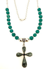Rhodium 1 1/4″ x 1 3/4″ Seraphinite Cross Green Crystal Beaded 20″ Necklace