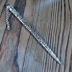 India Tribal Carved Antiqued Sterling Silver Plated Brass 4.75″ Long Hair Stick