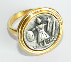 Designer Roman Caesar Coin Silver 925 & Gold 24K Plated Ring Size 8 UK P 1/2