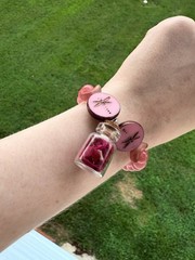 Rose Quartzs and Jasper Beaded Stretch Charm Bracelet w/ Rose petals.